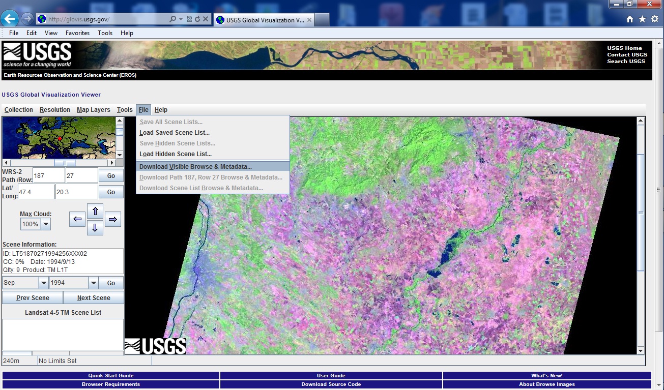 Az USGS Glovis fellete a pldban szereplő űrfelvtellel